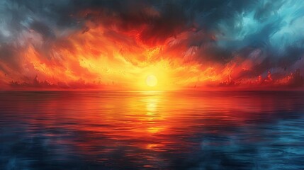 Obraz premium seaview at the gold hour, sunrise or sunset view, warm colors, blue and orange in abstraction painting method, watercolor painting style, 