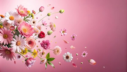 Beautiful spring flowers flying in the air against pink background, Creative spring floral layout, spring, flowers, flying, pink background, minimal, birthday, valentines, wedding, concept
