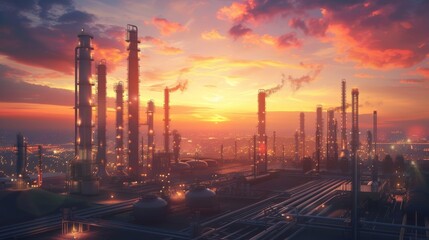 super realistic oil and gas power plant refinery with storage tanks facility for oil production or petrochemical factory infrastructure, wide angle view, sunset time, less vibrant 