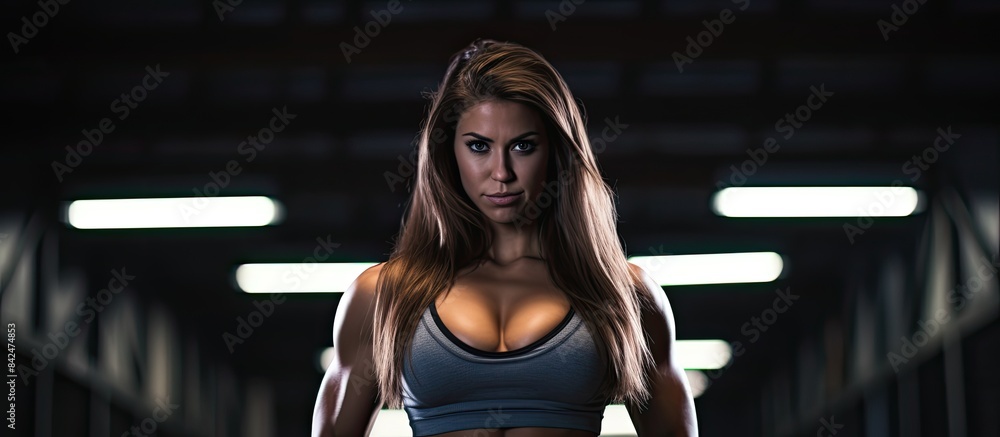 Poster a fitness woman working out with a barbell in the gym with a background suitable for text or images.