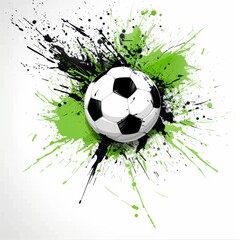 Dynamic football ball with classic black and white pentagonal pattern in green-black splashes against clean white background.