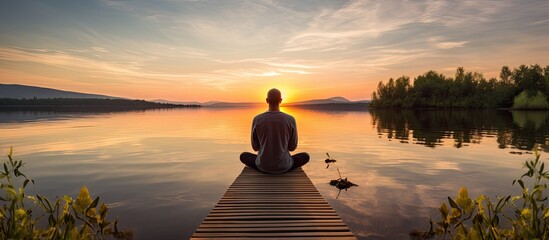 Rear view of a man meditating by the river at sunset, with copy space image available.