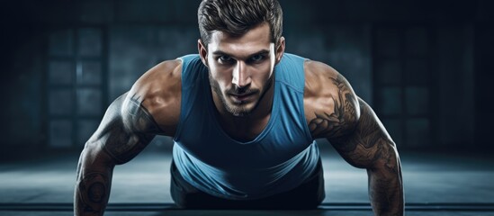 Athletic bodybuilder doing push-ups with a box in a sports gym, focusing on strength and power. Includes weightlifting for wellness and a healthy lifestyle, with a copy space image.
