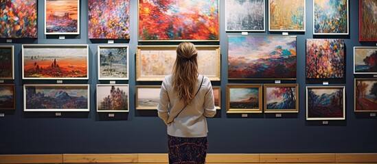 Caucasian woman posing in an art gallery, set against a copy space image.