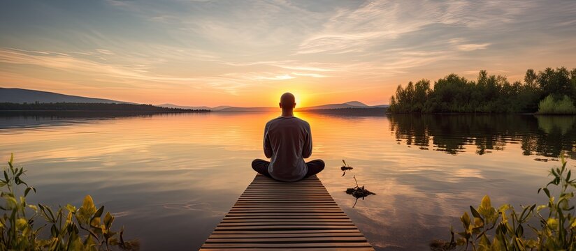 Rear view of a man meditating by the river at sunset, with copy space image available. - Powered by Adobe