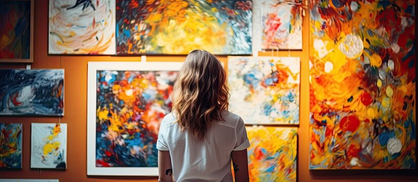 Caucasian woman posing in an art gallery, set against a copy space image.