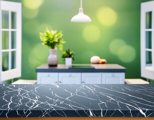 Modern empty dark marble table top or kitchen island on blurry bokeh kitchen room interior background. for montage product display