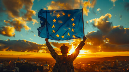 Proud european citizen celebrating europe day at sunset