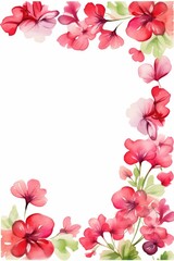 Fototapeta premium geranium themed frame or border for photos . with clusters of red, pink, and white blooms. watercolor illustration, white color background. 