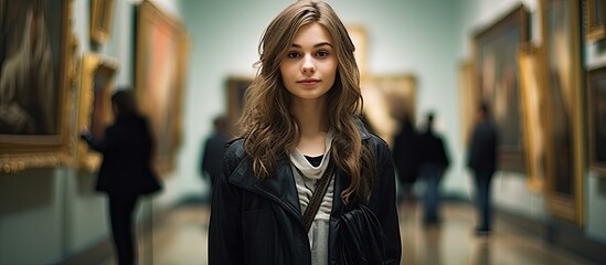 Fototapeta premium Enjoying herself, a young woman explores an art gallery, with a colorful array of paintings and sculptures displayed around her, creating a vibrant atmosphere in the copy space image.