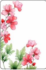 Fototapeta premium geranium themed frame or border for photos . with clusters of red, pink, and white blooms. watercolor illustration, white color background. 