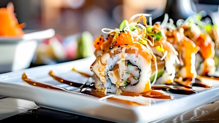 Close-up photo of various sushi rolls, professional photography for a sushi restaurant