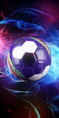 Fototapeta premium Soccer ball with bold, modern design in purple, yellow, and red hues floats against vivid background of blue and red neon lights.