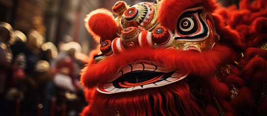 Chinese lion dance performed during Chinese New Year with a red fan in the background, set in a copy space image.