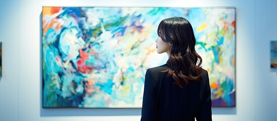 Asian woman with a tablet in an art gallery, browsing framed paintings on the wall with a digital book and copy space image.