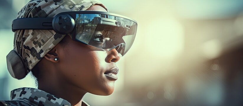 A military officer is using innovative army technology with a transparent tablet, with the background displaying a copy space image.