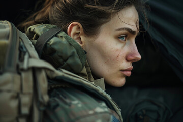 Obraz premium Generative AI illustration of serious woman soldier in uniform