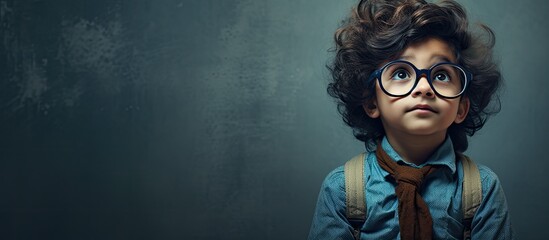 Asian boy in glasses pondering with a thoughtful expression against a white background, looking for a solution in a copy space image.