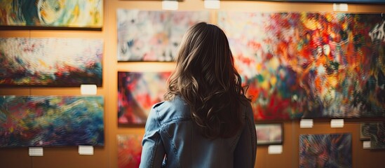 A woman explores art at an exhibition, museum, or artist studio, focusing on abstract paintings, culture, or potential artwork purchase, with a copy space image.