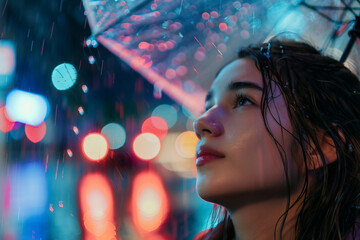 Young tourist woman enjoys the rain with an umbrella city streets generative AI