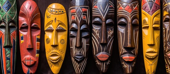 Handcrafted African people figures carved from dark wood create an impressive display with copy space image.