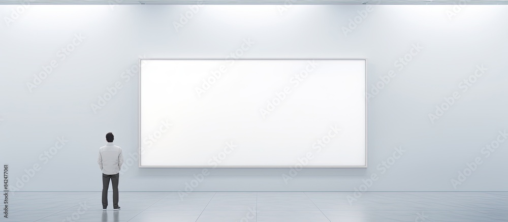 Poster a businessman is exploring a gallery room filled with empty frames, creating a captivating copy spac