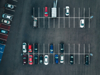 Aerial view of cars at car park, almost empty parking lot by store in Finland.