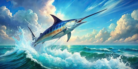 A vibrant blue marlin leaps from the turquoise water, its sword held high, with splashes of white and a backdrop of sun-drenched clouds in a watercolor style, watercolor, blue marlin, swordfish