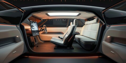cinematic still minimalistic futuristic automotive interior, whole room view on a rear area
