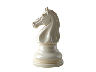 White chess knight piece isolated on a white background, perfect for board game enthusiasts and strategy game illustrations.