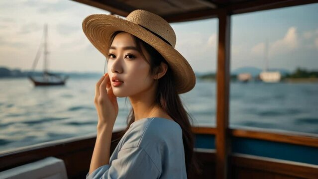 Young Asian woman wearing a hat on a boat, overlay 4k virtual video animation background