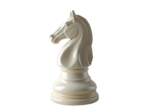 White chess knight piece isolated on a white background, perfect for board game enthusiasts and strategy game illustrations.