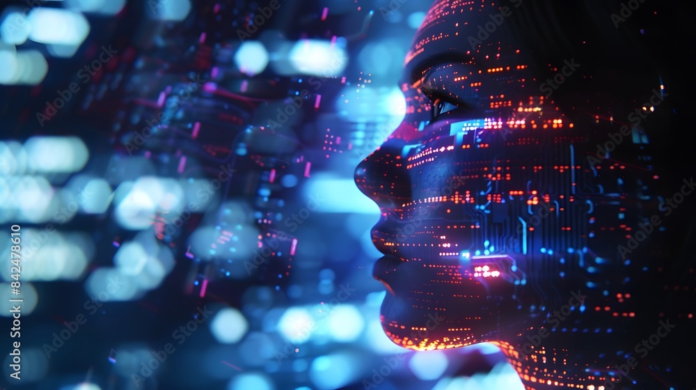 Poster a woman's face is shown in a computer generated image with a blue background. the image is a represe