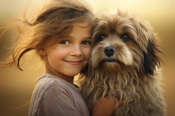AI generated image of cute charming happy kid hugging best friend pure love and care domestic animal concept