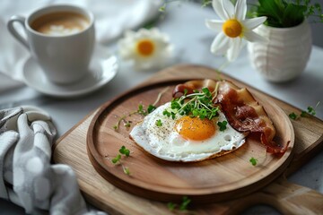 Homemade simple breakfast on kitchen table,coffee cup and fried eggs, microgreens and some strawberry, flowers of lilac, elevated luxurious morning everyday routine, closeup photo, AI generated image