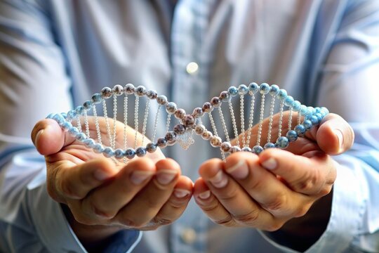 Doctor's hands carefully holding a physical model of a DNA double helix, symbolizing the delicate and intricate nature of genetic material.