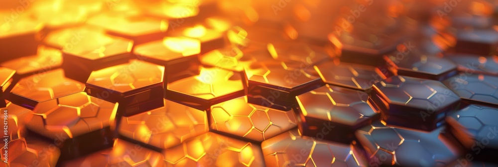 Poster close-up of hexagonal metallic surfaces with warm lighting, creating an abstract, modern texture bac