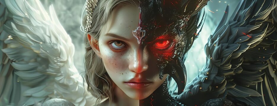Eye-level angle portrait of angel and devil girls, featuring detailed expressions, watercolor touch, soft light on the angel, contrasting shadows on the devil