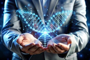  A photo of hands holding a DNA model with a digital overlay of genetic sequences or data, merging physical and digital representations of genetics