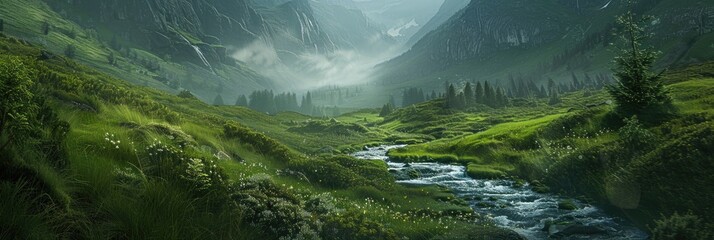 green mountain landscape in norwegian scandinavian. peaceful stream and mountain trail