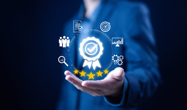 quality guarantee process and satisfaction with customers, service best certification industrial. quality control concept. service system business certificate standard iso digital technology