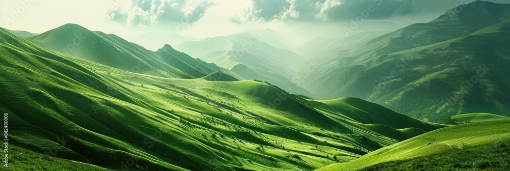 Wall mural Green Mountains Landscape under Bright Sky. Beautiful Nature Scenery in Summer Travel