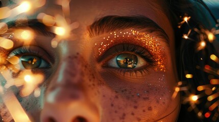 A closeup of a womans eye showcasing Christmas lights reflected in her iris. Her eyelashes are coated with electric blue mascara, complementing the festive eye makeup AIG50