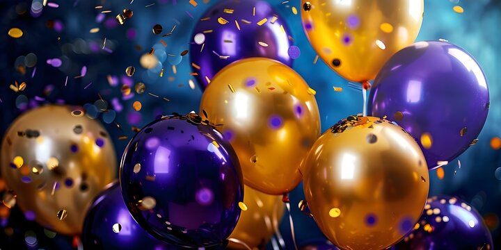 Backdrop adorned with gold and purple balloons and confetti for events. Concept Balloons Decor, Gold and Purple Theme, Event Backdrop, Confetti Party Theme