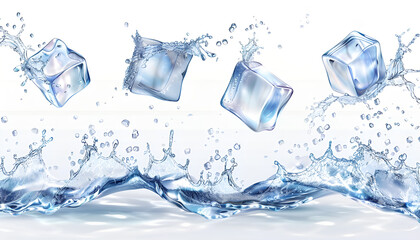 Water wave splashes with ice cubes. Isolated realistic crystal blocks, transparent pieces on white background