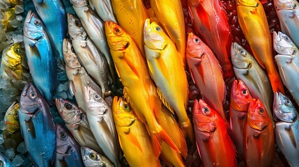 Obraz premium Market stall filled with fresh fish, arranged in perfect rows, vibrant colors reflecting the freshness and quality of the catch
