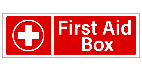 First aid box, red and white information sign with symbol and text. Horizontal strip shape, sticker.