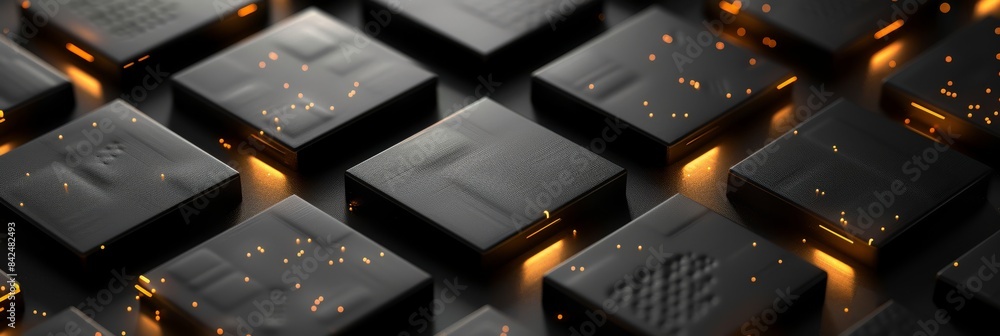 Poster A 3D rendering showcases abstract gold and black square patterns, ideal for sophisticated and modern designs