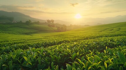 A vast expanse of lush green tea fields bathed in the golden light of sunrise.