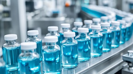 a pharmaceutical bottling plant. The image should focus on a production line with clear glass vials filled with blue liquid, neatly moving along the conveyor belt
